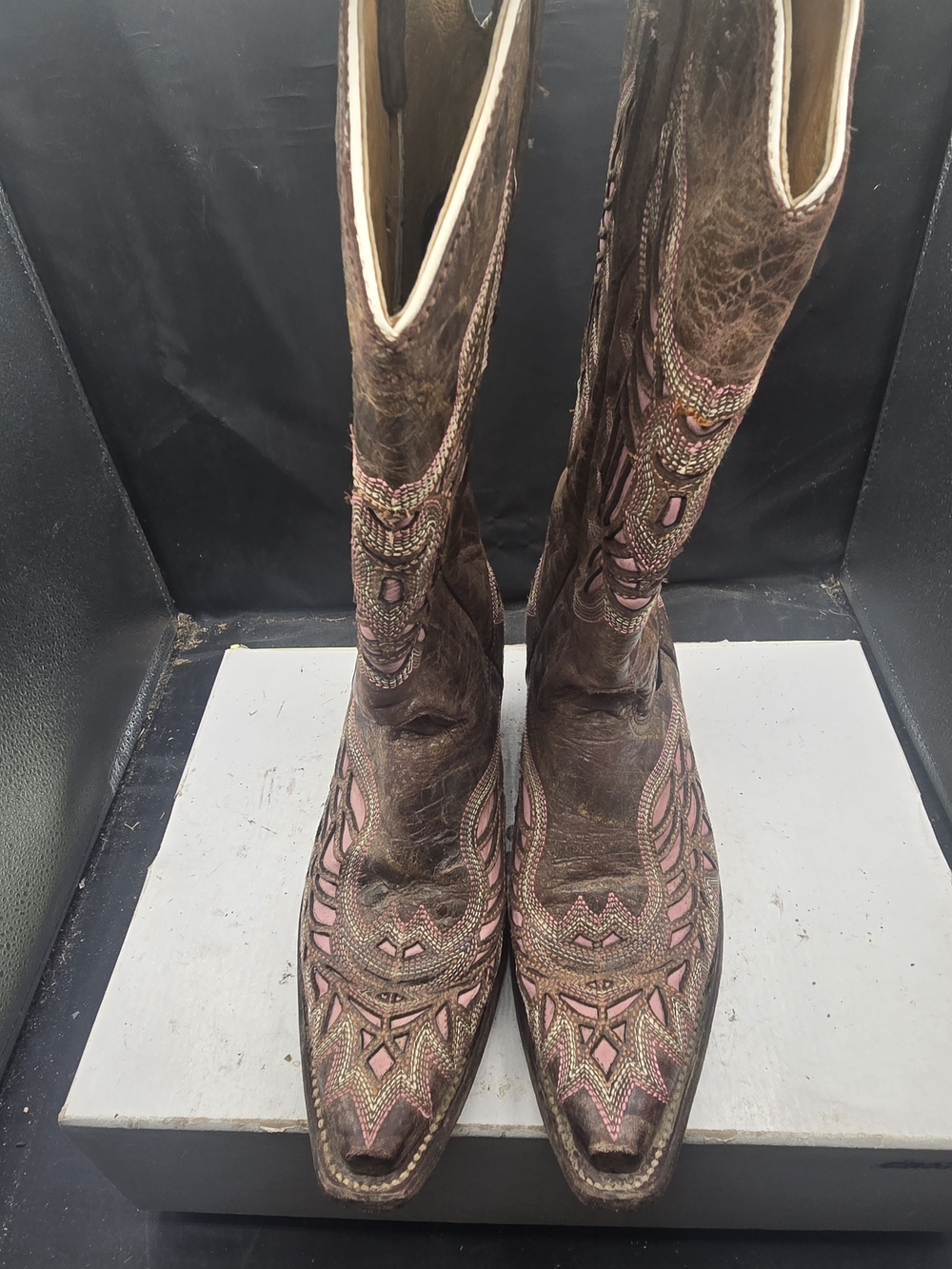 Brown Leather Knee-High Western Boots withโ Pink Embroidery